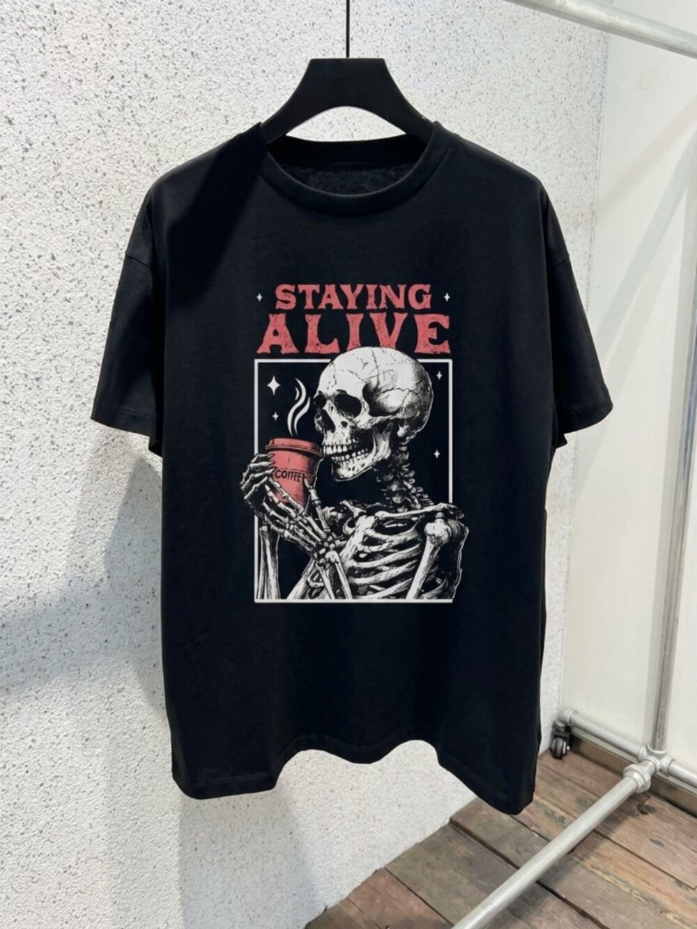 Staying Alive Skeleton Coffee Shirt, Funny Death Caffeine Halloween Tee Gift